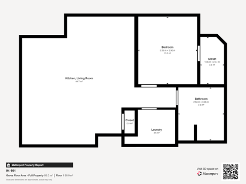 Floor plan for 1 bed, 1 bath, 885 sqft